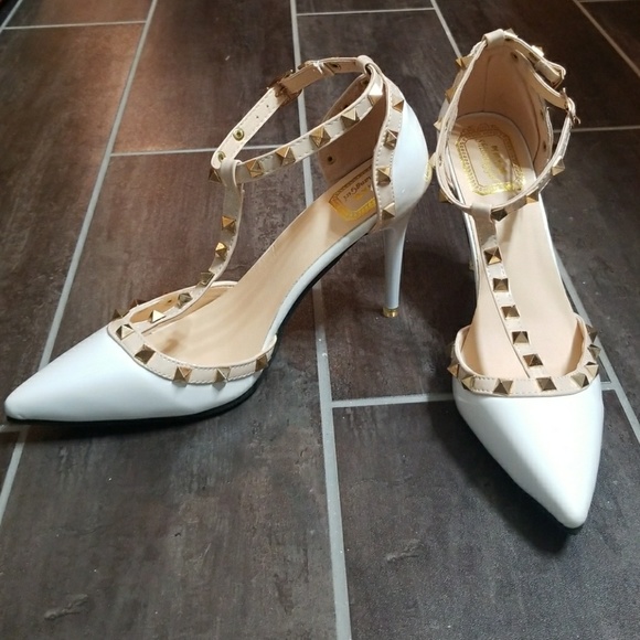 white and gold heels